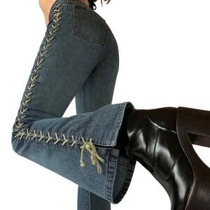 Vintage Y2K Mudd Yo! Flared Jeans Womens 11 Blue Lace Low Rise Bell Bottom Rare